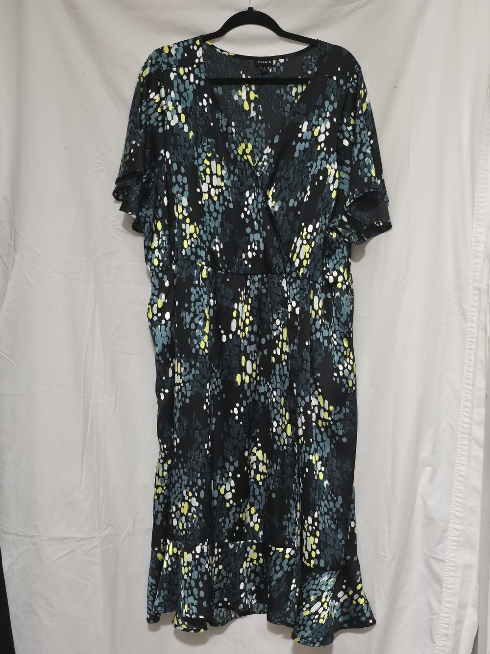 torrid Black Midi Wrap Dress with Teal, White & Lime Green Dot Print